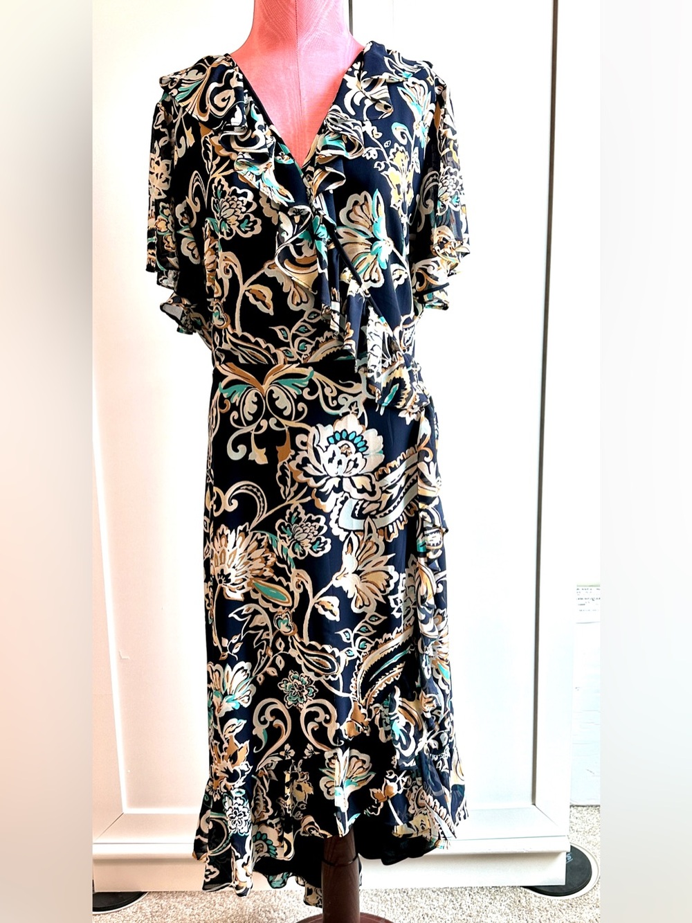 Chico's Black Floral Midi Wrap Dress with Teal and Cream Accents